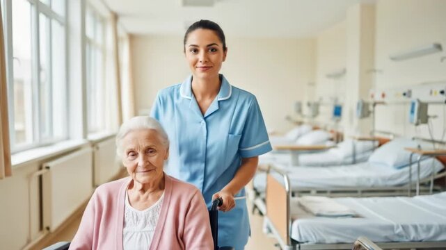 Caring nurse assists elderly woman in wheelchair through bright hospital corridor