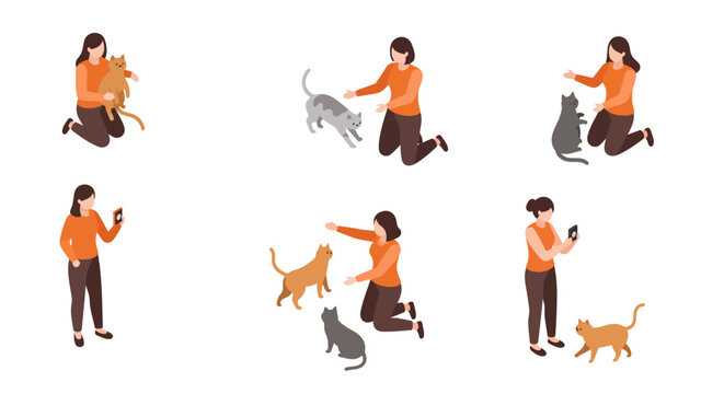 Woman interacting with cats in casual poses