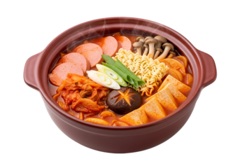 A hearty bowl of steaming kimchi jjigae, featuring vibrant red broth, slices of sausage, and a medley of ingredients, presented in a traditional earthenware pot.