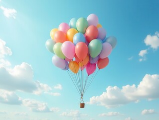 Colorful balloons carrying a wicker basket flying in a cloudy sky