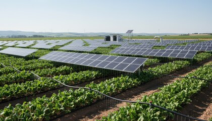 Medium shot of modern beet farm showcasing solar panels and drip irrigation system for sustainable water and energy conservation