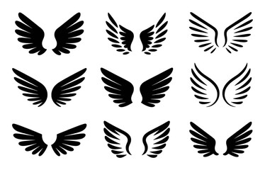 Collection of Nine Black Angel Wings Silhouettes on White Background