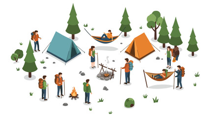 Isometric camping scene with tents and campers in forest setting