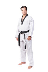 Confident young martial artist man wearing traditional white taekwondo uniform with black belt standing barefoot isolated on a transparent background showing discipline strength self defense concept