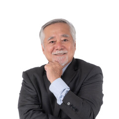 Confident senior Asian businessman with gray hair beard smiling with hand under chin in thoughtful pose, wearing formal suit and shirt, isolated on a transparent background, leadership success concept