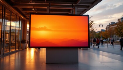 create a photo of a customizable digital signage screen in a public place during sunset, featuring an orange tone, the screen should have a clear