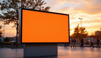 create a photo of a customizable digital signage screen in a public place during sunset, featuring an orange tone, the screen should have a clear