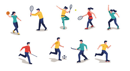 Dynamic sports activities featuring diverse characters in playful isometric style