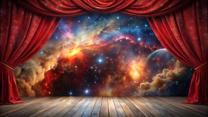 Dramatic Red Stage Curtains Opening to a Vibrant Cosmic Nebula Backdrop