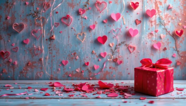 create a valentines day background wallpaper for gift cards or presents with a clear and central subject on the right side of the image under vivid illumination