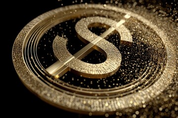A golden coin featuring a dollar sign stands out against a dark backdrop, illuminated by shimmering particles around it