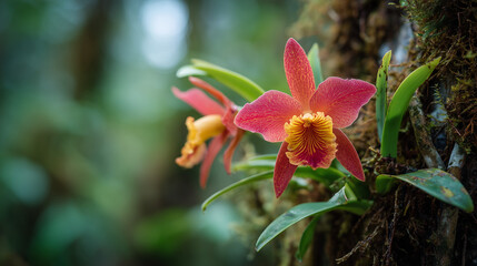 A close-up photograph of a vibrantly colored wild orchid, perched&nbsp;on&nbsp;a&nbsp;large&nbsp;tree