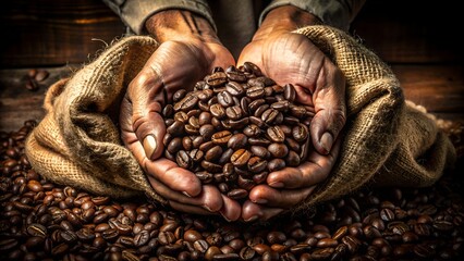 Hands holding roasted coffee beans spilling from burlap sack on wooden surface