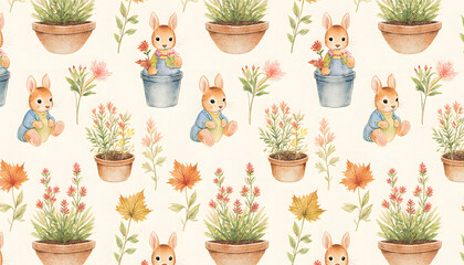 Cute bunny sitting among flower pots and plants in autumn pattern  