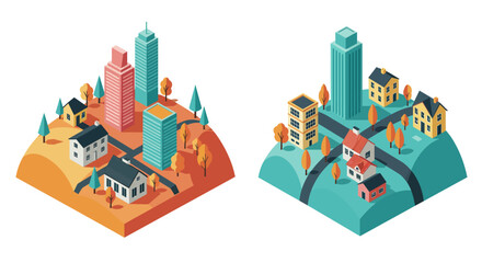 Colorful isometric cityscape with trees and buildings