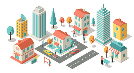Isometric urban neighborhood with modern buildings and streets