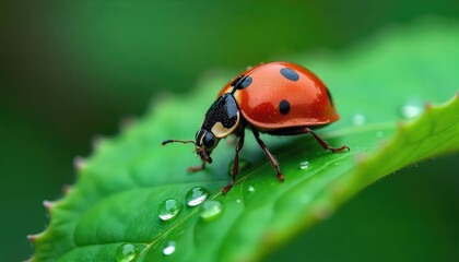 Naklejka premium Close up of a ladybug with black spots on its red shell sitting on a green leaf with water droplets