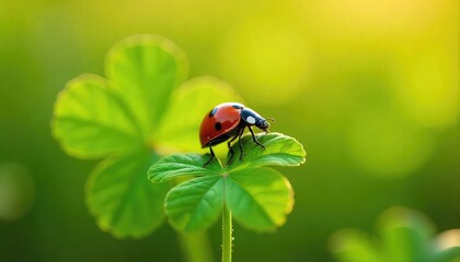 Obraz premium A ladybug resting on a vibrant green clover leaf against a soft blurred green and yellow background
