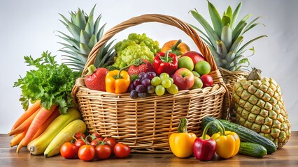 Abundant Harvest Wicker Basket Overflowing with Fresh Fruits and Vegetables Still Life