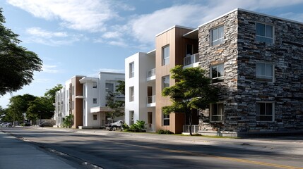 Obraz premium Vibrant buildings with balconies stand behind lush grass under a bright blue sky on a sunny day, evoking a lively atmosphere