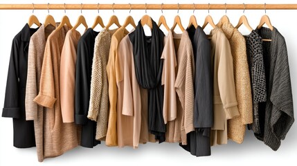 A collection of cozy sweaters and soft scarves hang gracefully on a wooden rack, complemented by a set of elegant boots beneath