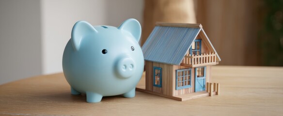The blue piggy bank and wooden house representing financial security and savings.