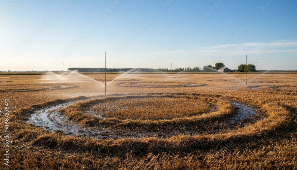 Aufkleber sunlit medium shot of a hay field with visible moisture patterns from a sprinkler system showcasing 