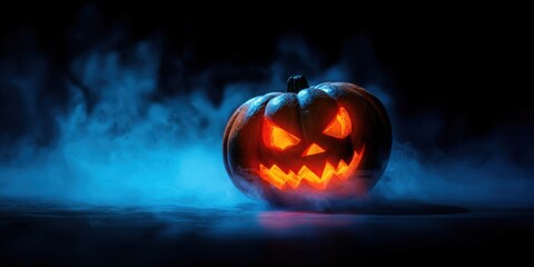 Naklejka premium The glowing Halloween pumpkin surrounded by mysterious blue fog at night.