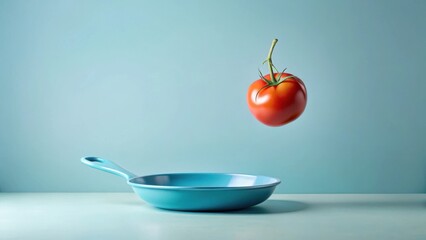 A single ripe red tomato hovers above a light blue frying pan on a pastel background, a culinary still life