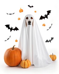 Dog Dressed as a Ghost for Halloween Surrounded by Pumpkins and Bats