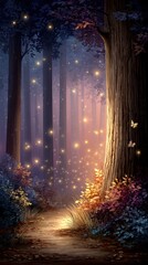 A peaceful forest glows with dancing fireflies as twilight descends, lighting up the paths and trees