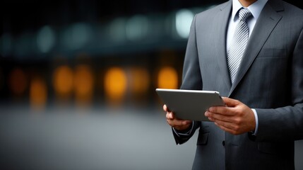 Professional man wearing a suit using a tablet in a modern urban environment during the evening hours before dusk