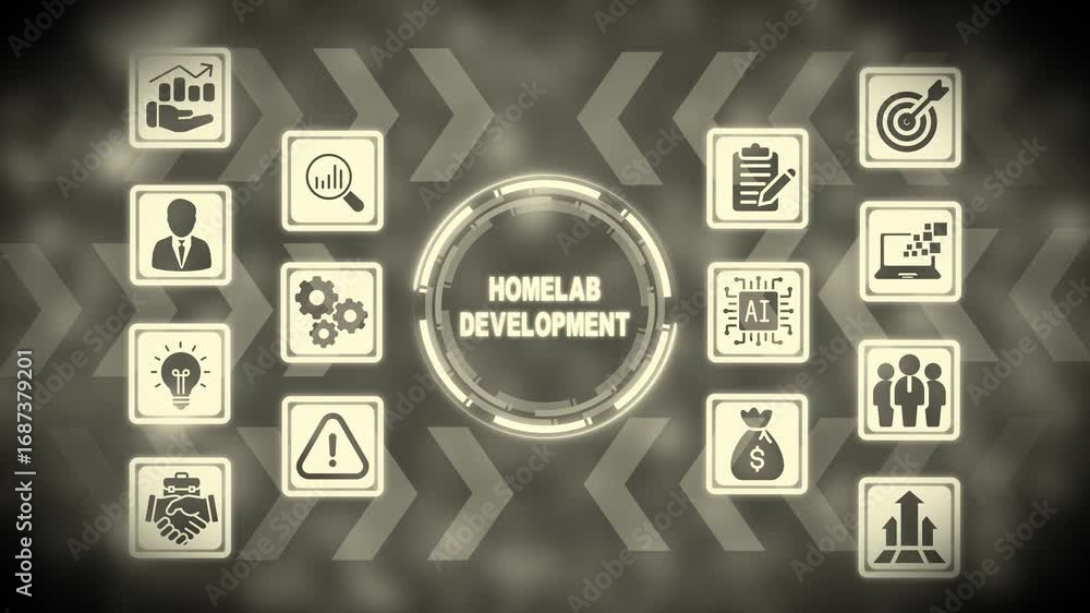 Poster homelab development business technology icons with central text and arrows sepia tone image photo
