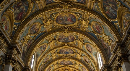 Obraz premium Magnificent Baroque Ceiling Artwork with Intricate Golden Ornate Decorations and Religious Paintings