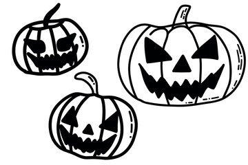Black and White Illustration of Jack-O'-Lantern Faces for Halloween Decor. Simple black and white artwork depicting carved pumpkins with jack-o'-lantern faces, perfect for Halloween aesthetics 
