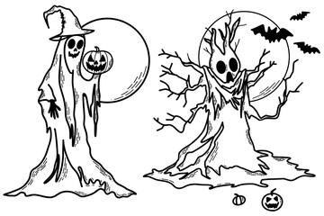 Halloween Witch and Haunted Tree with Pumpkins in Spooky Night Scene. Illustration of a creepy Halloween witch and a haunted tree with scary pumpkins and bats. Perfect for Halloween-themed designs 