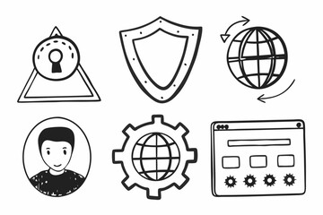 Collection of hand drawn icons representing security global network user profile and web development concepts