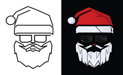 Modern vector illustration of Santa Claus face with geometric design, sunglasses, and festive Santa hat