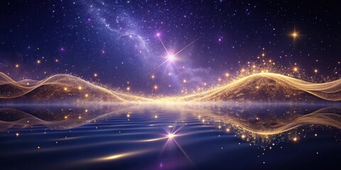 Obraz premium Celestial Golden Dust Waves Reflecting on Dark Water Under a Starry Night Sky