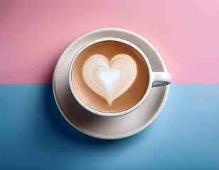 latte heart milk m a creamy heart shaped foam design floats atop a rich aromatic latte in a white ceramic mug glowing gently against a pastel pink blue ombre background radiating warmth and tranq