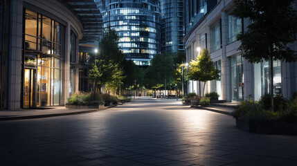 A center glows at night, the urban scene illuminated by gentle sunlight. Center, night, with copy space