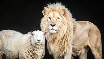 Majestic white lion and sheep