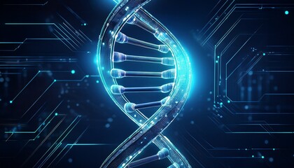 digital glowing dna double helix with circuit lines on dark blue background technology and genetics concept