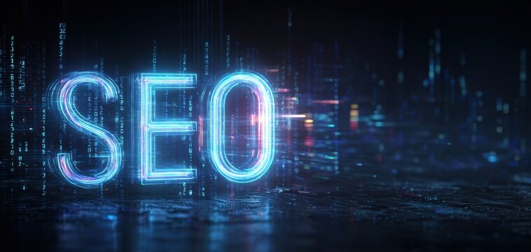 The glowing SEO text illuminating the future of digital marketing and analytics.