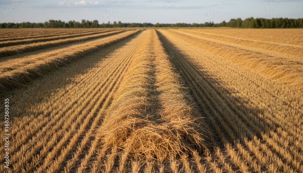Poster medium shot of a single hayfield windrow showcasing precise alignment and neat rows under soft sunli