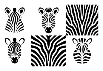 Stylized Zebra Heads and Patterns in Black and White Vector Graphics