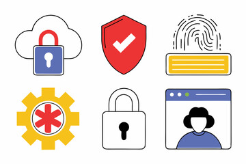 Collection of security and privacy icons representing cloud security protection biometrics settings and user authentication