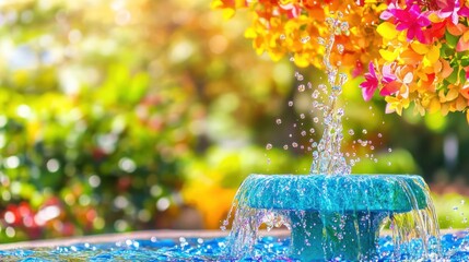 Serene Garden Oasis: A Tranquil Fountain Enveloped by Blooming Flowers and Verdant Greenery