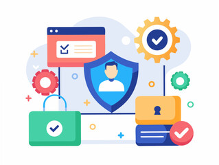 Digital security concept with shield padlock and gears protecting user data and information