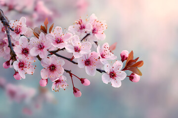 Delicate cherry blossom branch with soft pastel background and clear copy space